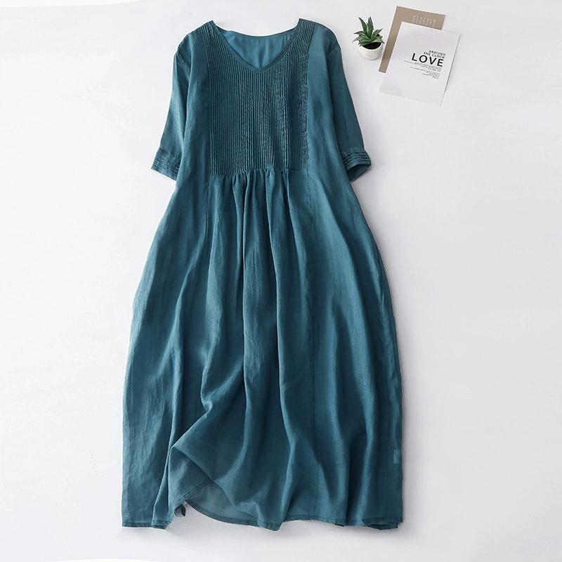 Women's Solid Cotton Linen Long Dresses A Line V Neck Pleated Short Sleeve Maxi Dresses With Pocket Summer