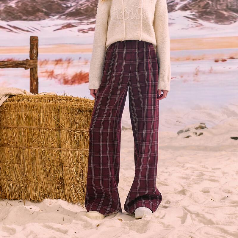 Sancai Women's 2025 Winter Plaid Elastic Waist Loose Straight Leg Pants