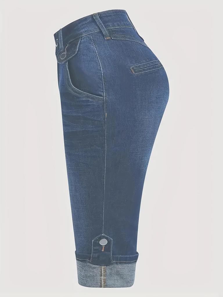 Plus Size Women's Slim Fit Elastic Cuffed Denim Bermuda Shorts