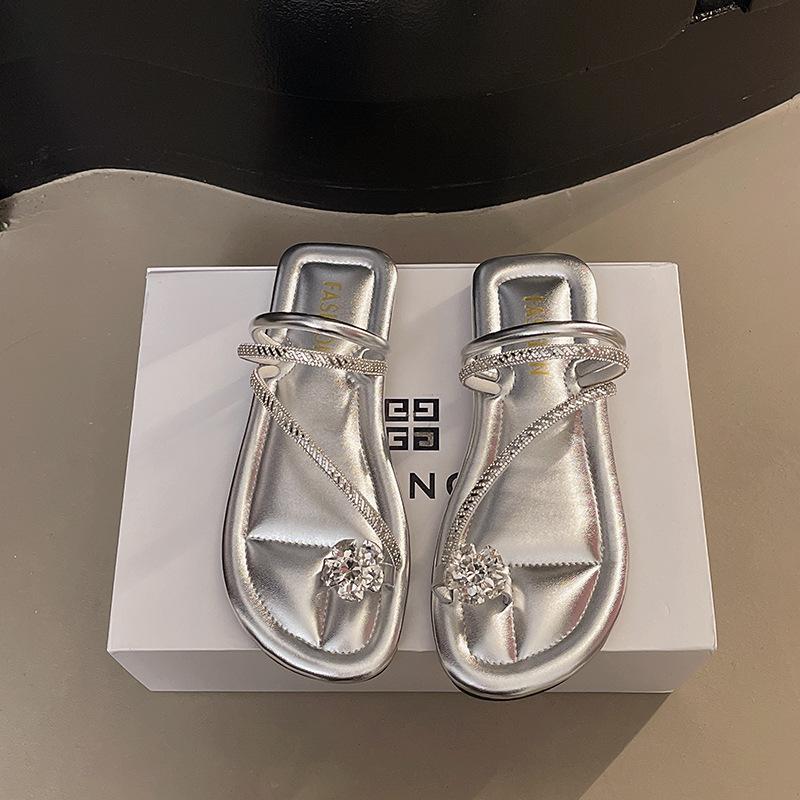 French Evening Breeze Cool Slippers Summer Outer Wear Women's Shoes 2025 New Silver Square Head with Skirt Thick Heel Sandals