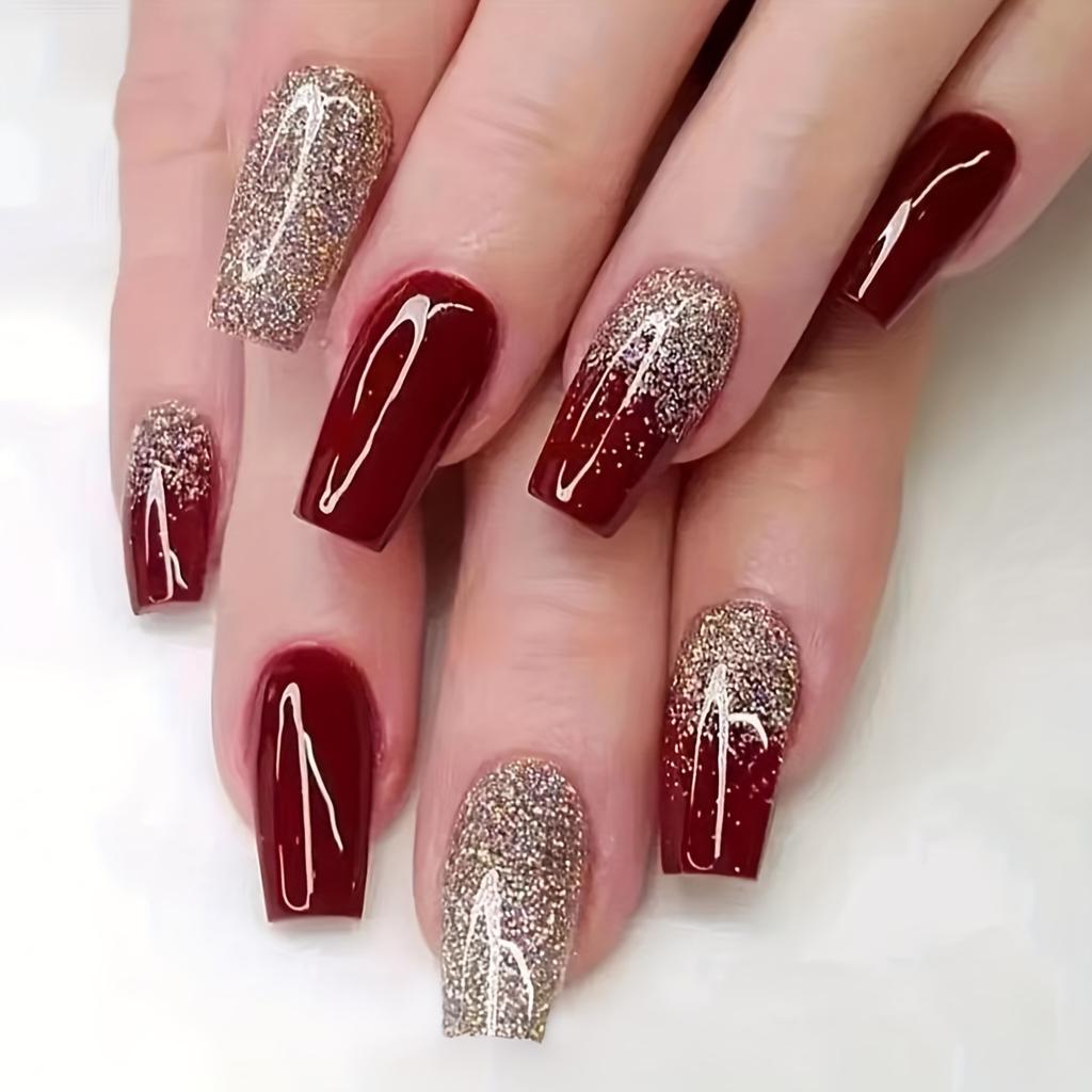 24pcs Golden Glitter Square Press On Nails - Medium Size Acrylic Wine Red Design
