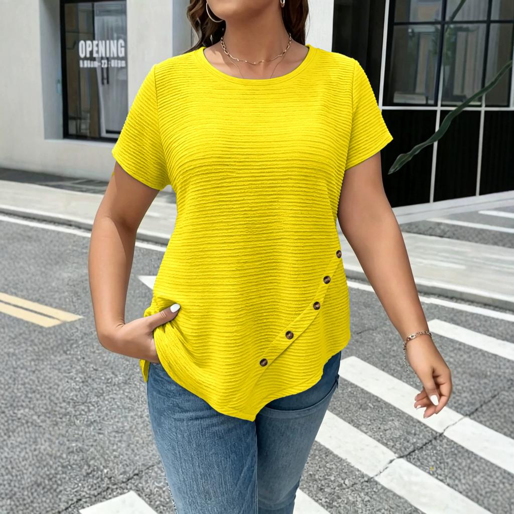 Women's Loose Fit Short Sleeve Casual T Shirt Asymmetric Hem Button Detail Lightweight Soft Fabric Comfortable Everyday Wear