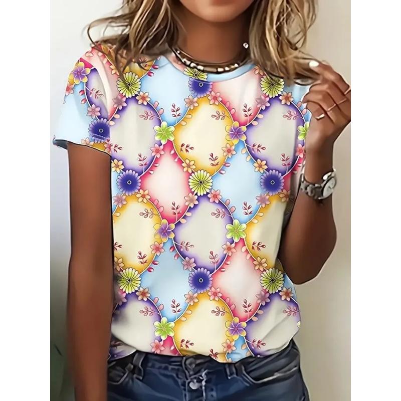 Fashion Women's Crew Neck T-Shirt 3D Flower Color Printing Crew Neck Short Sleeve