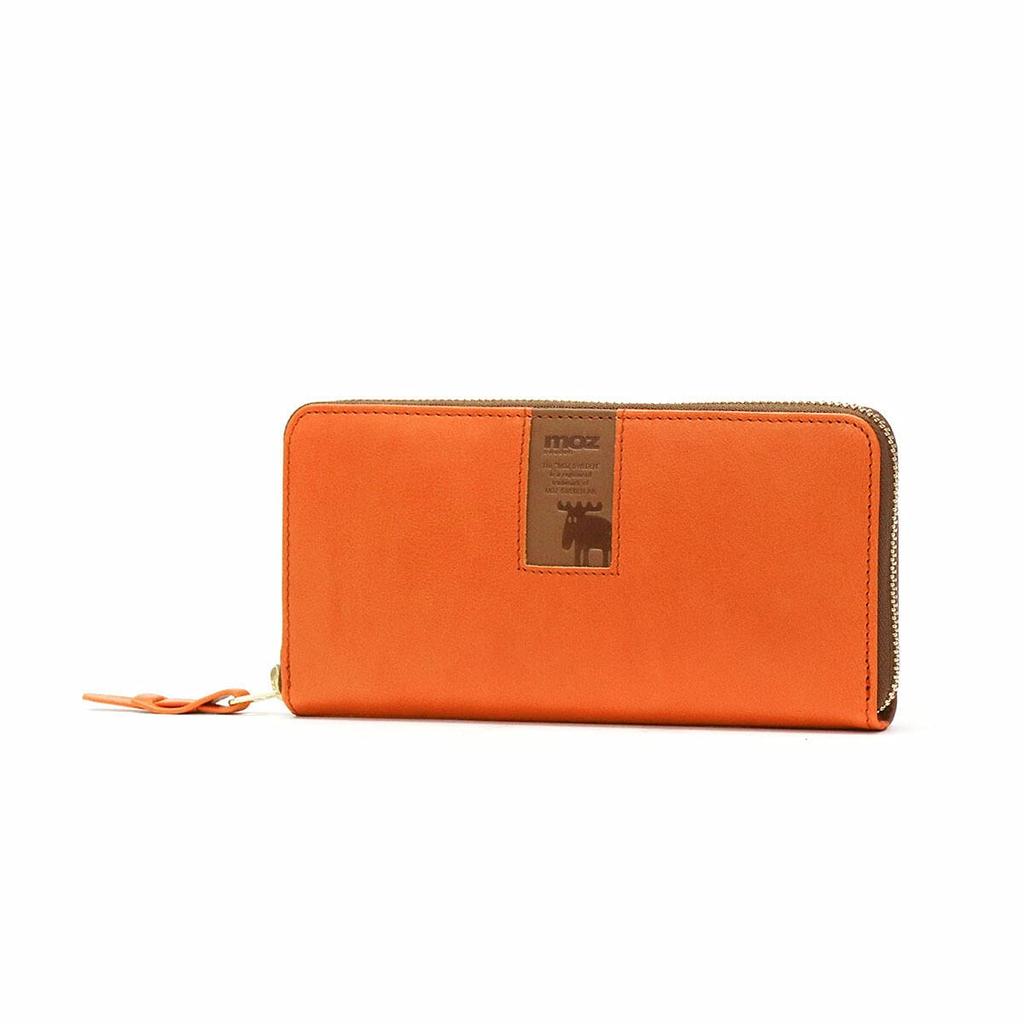 Mozu Leather Long Wallet with Round Square and 86092 Zipper, Design, Men's Women's, (Orange)