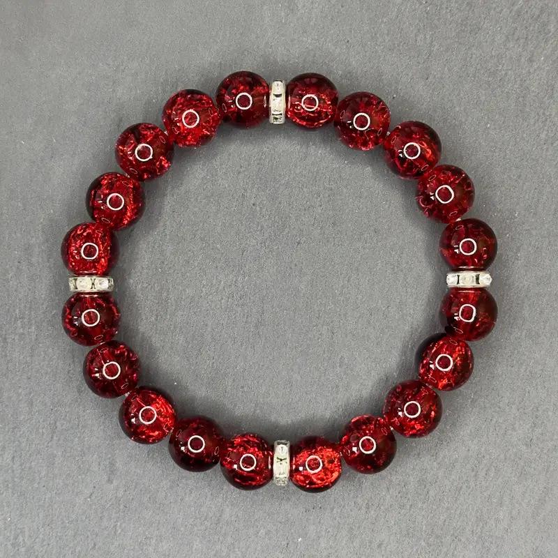 10mm Red Glass & Natural Stone Beaded Bracelet with Elastic Cord for Men and Women 10mm