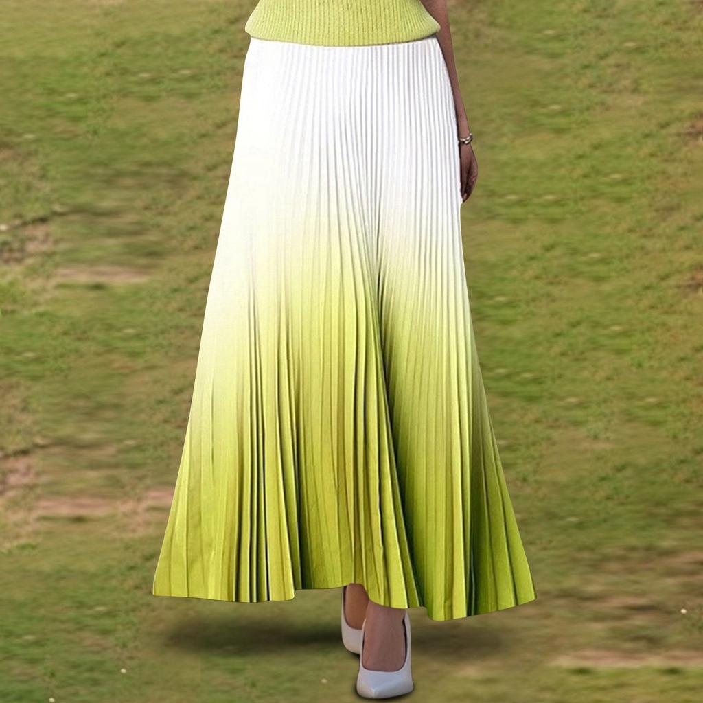 Women's  Casual Pleated Gradient Skirt, Pleated A-line Skirt, Large Swing Floor-length Skirt