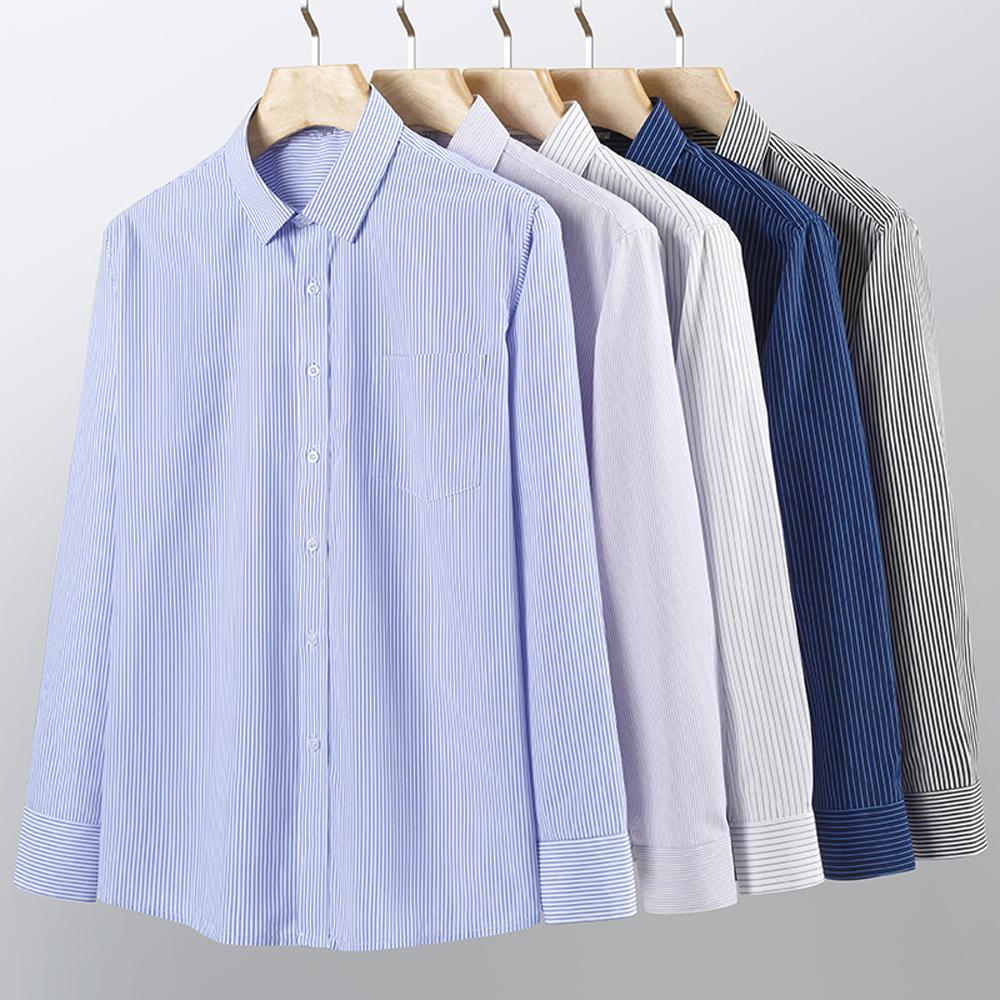 Men's Spread Collar Long Sleeve Striped Dress Shirt with Chest Pocket - Classic Business Formal for Office & Professional Wear