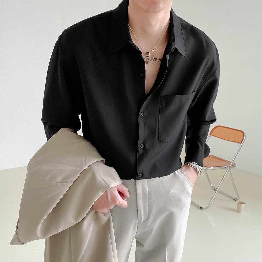 Men's Korean Style Wrinkle-Free Long Sleeve Shirt - Spring & Autumn Draping, Versatile Solid Color