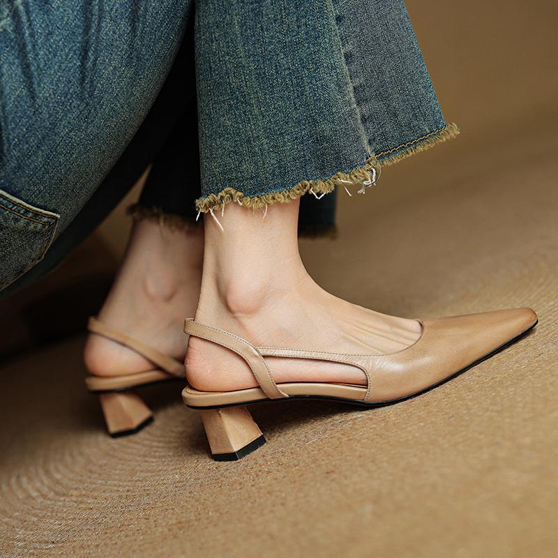 Fashion 2025 Summer Women Sandals Genuine Leather Women Shoes Cover Toe Slingback Shoes Pointed Toe Med Heel Concise Designer Sandals