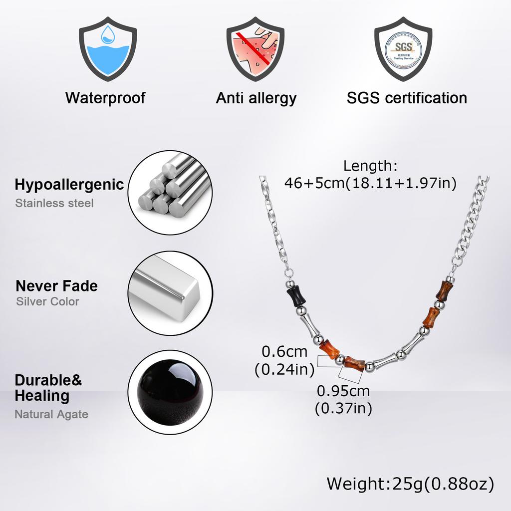 Vnox Collier Réglable 46-51cm Acier Bambou avec Fermoir Mousqueton, Perles d'Agate Naturelle Bijoux Minimalistes Cadeau pour Hommes Femmes