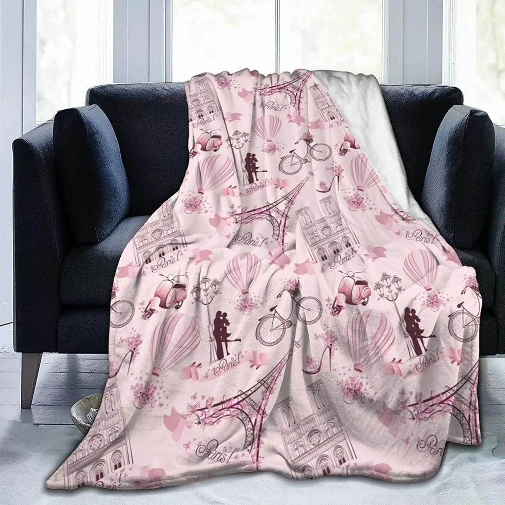 Eiffel Tower Flannel Throw Blanket Paris French Romantic Theme Blanket for Sofa Bed Car Travel Gift Lightweight Warm Super Soft