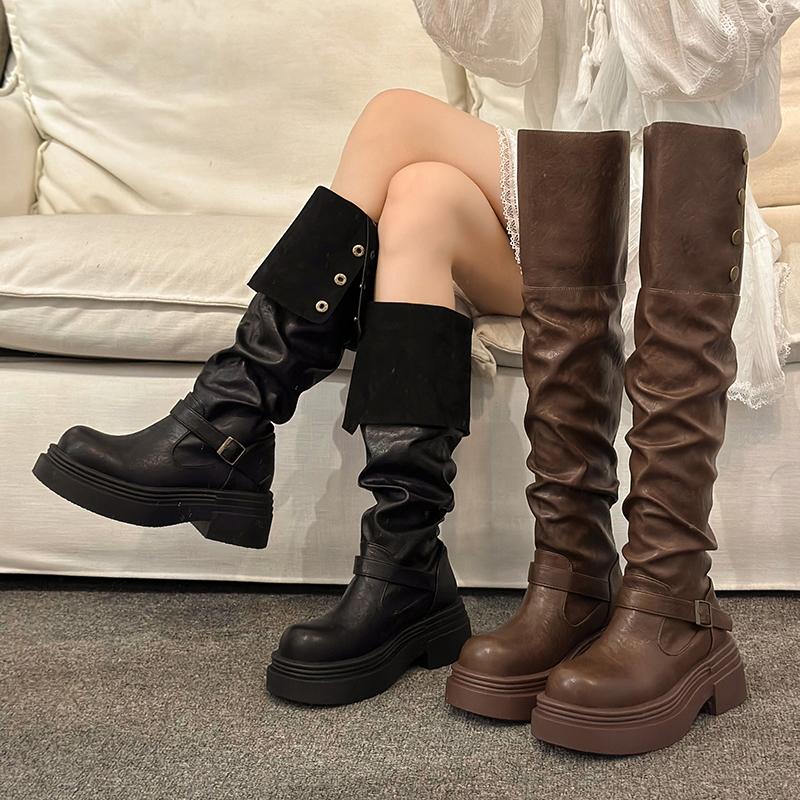 Fashion Women's Winter Studded Knee-high Boots Square Heel Round Head Middle Follow High Boots Sleeve Outdoor Leisure Fashion Shoes 2024