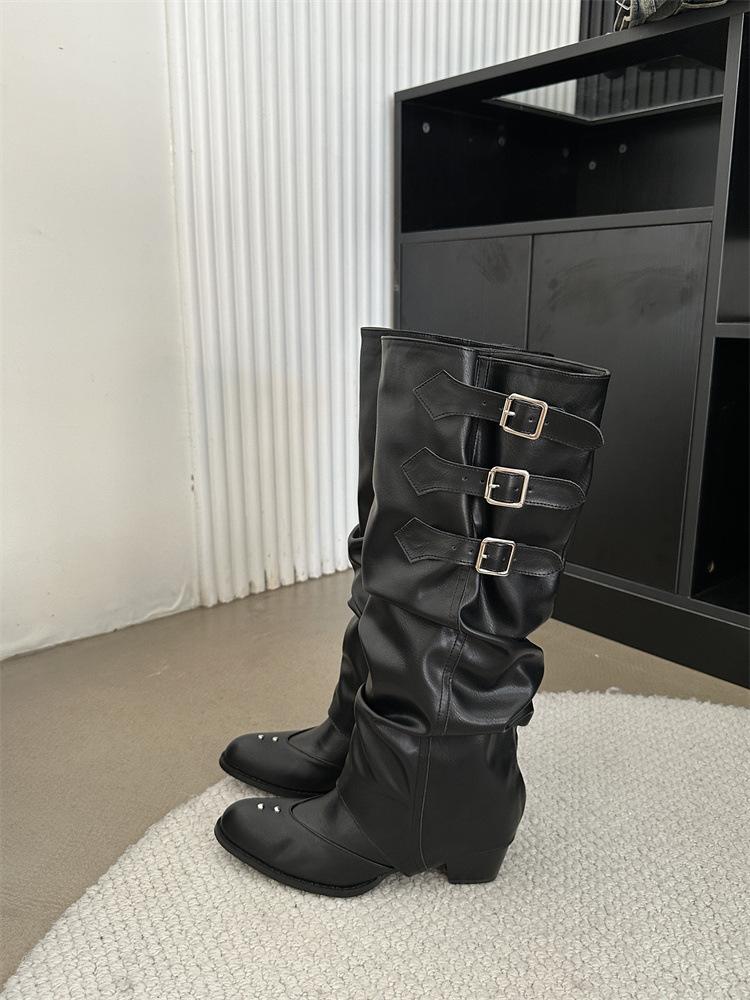 

Two wear belt buckle boots 2025 autumn and winter new brown western cowboy boots pleated pile long knight boots women 39 чорний
