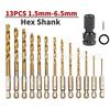 13-Piece Titanium Hex Shank Drill Bit Set (1.5-6.5mm) for Electric Screwdrivers, 1/4" Shank (6.35mm)