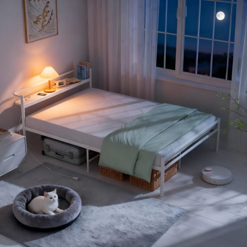 Holdm Single White Bed Frame with 300kg Weight Capacity and Two Outlets, White Pipe Bed Frame with Outlets, Headboard Shelf, Steel Bed Frame, Quiet, S