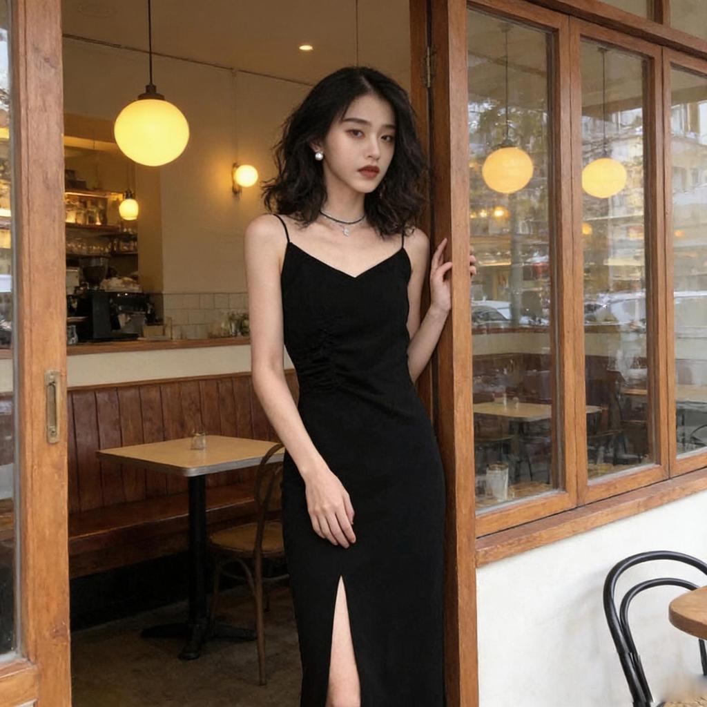 Summer Spaghetti Strap V-Neck Black Dress with Side Slit for Women