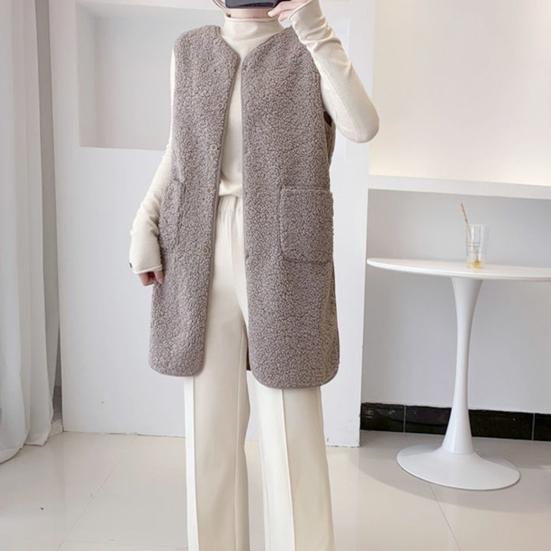 Women's  Autumn Winter Vest Coat Round Neck Loose Mid-length Sleeveless Single-breasted Pockets Cardigan Warm Thick Outerwear Vest