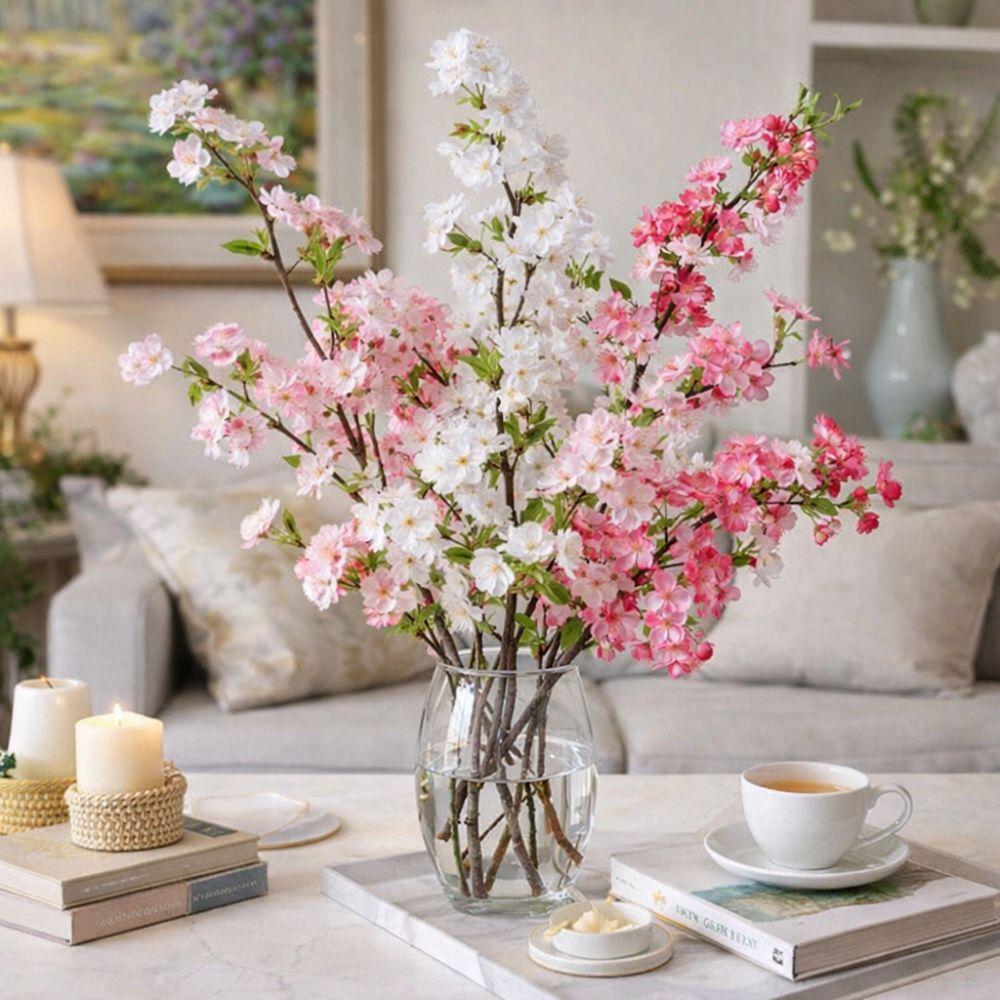 Realistic Silk Cherry Blossoms Branch Long Fake Flower Artificial Cherry Blossom  Table Decoration