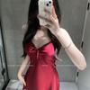 Sexy pajamas women's ice silk pure desire wind bow suspender nightdress with chest pad new loungewear available