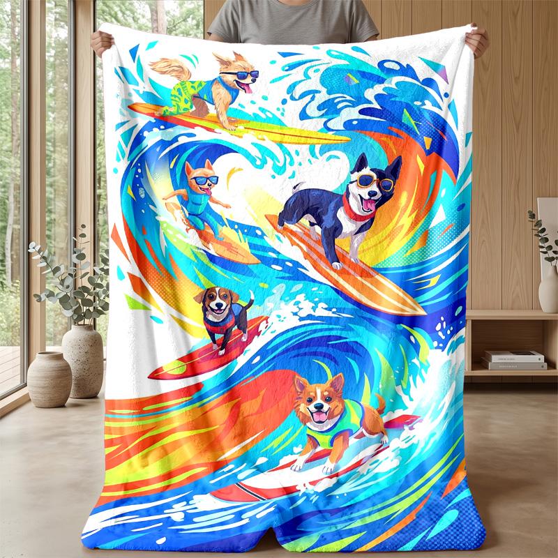 Surfing Dog Paradise Theme Blanket Lightweight Warm Flannel Blanket Decorative Throw Blanket for Home Decoration