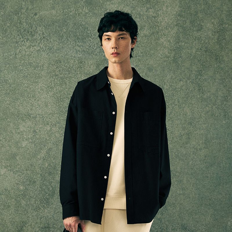 

HM Men s Shirt Autumn Long Sleeves Shirt Business Formal Wear Loose Lapels Casual Tops Thin Coat 1235550 Black 170/92(S)