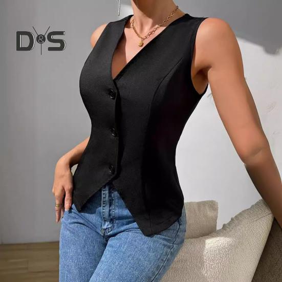 Women's Dressy Suit Vest V-Neck Button Down Blazer Waistcoat Sleeveless Crop Top Slim Fit Work Office Outfit