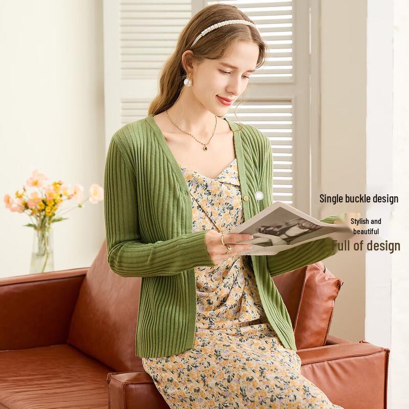 TUHUANG Women's Slim Fit V-Neck Ribbed Wool Blend Cardigan