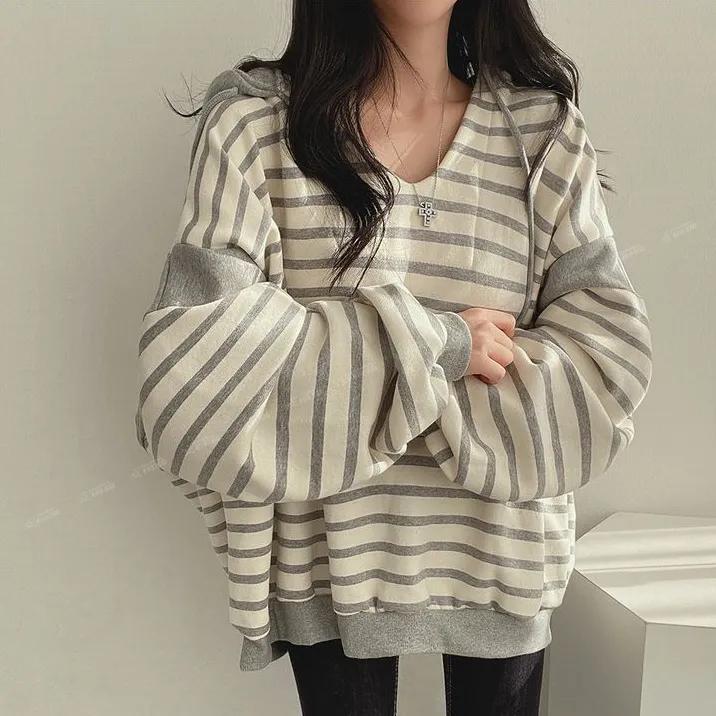 Spring and Autumn Women's Striped Hoodie Casual Long Sleeve Sweatshirt Vintage Oversized Hoodies