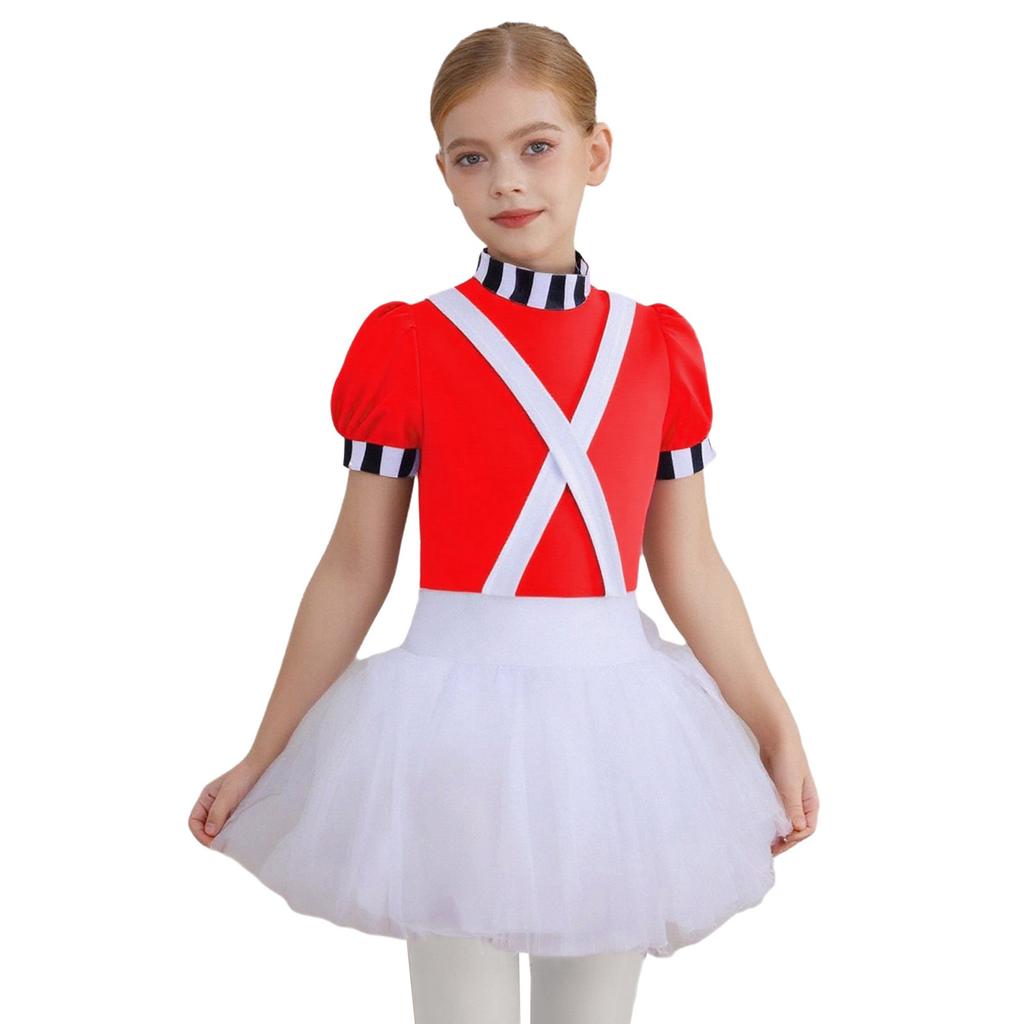 Kids Girls Chocolate Factory Worker Halloween Costume Mock Neck Short Stripe-Cuffed Sleeves Back Cut Puffy Built-In Crotch Press Buttons Dress Braces