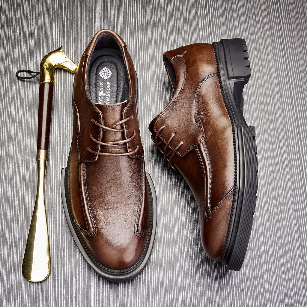 Men'S Retro Low-Top Casual Leather Shoes Spring Autumn Leather Single Shoes Business Dress British Lace-Up Men'S Shoes