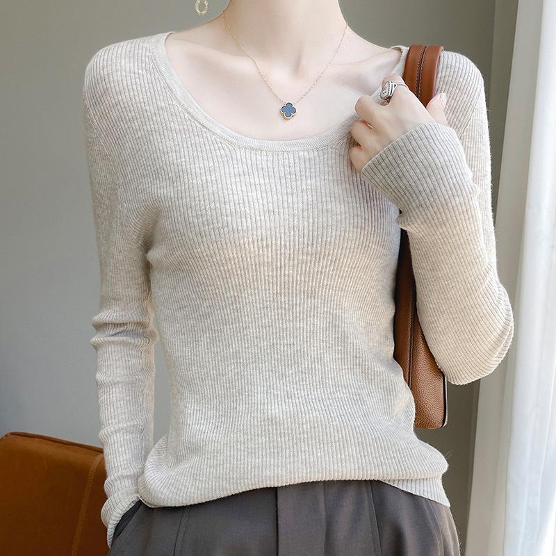 Crew Neck Sweater Tight Long-sleeved Inner with Large U-neck Knitted Sweater Early Autumn New Basic Versatile Solid Color Bottoming Shirt Women
