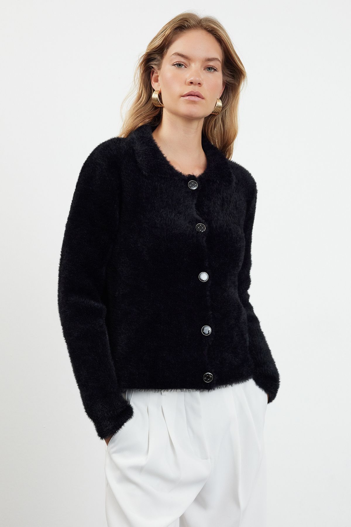 

Women s Elegance Style Cardigan Black Shaggy Polo Collar Knitwear Cardigan S
