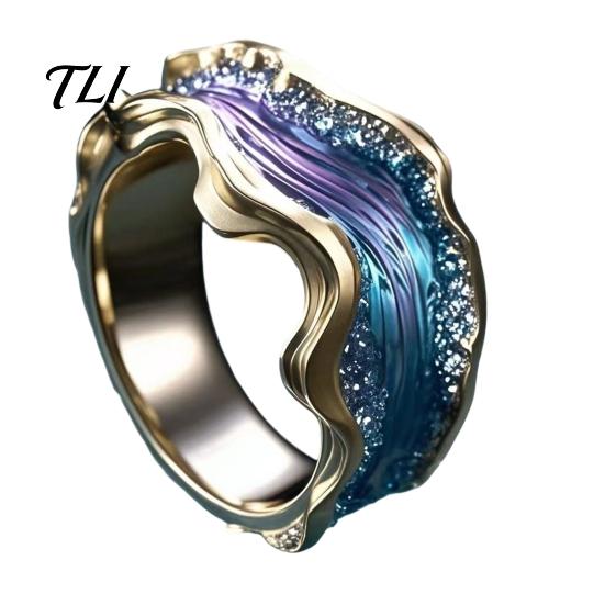 Daily Wear Finger Jewelry Resin Wave Ring for Women, Ocean Inspired Chunky Statement Ring, Non Tarnish Open Adjustable Fashion Summer Vacation Pattern