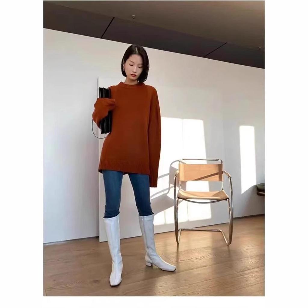 Women's 100% Wool Thick Loose Round Neck Plus Size Knit Sweater
