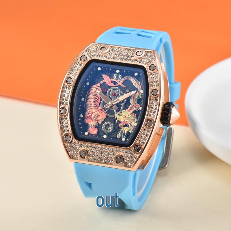 Men's Trendy Barrel-Shaped Full Diamond Quartz Watch with Calendar