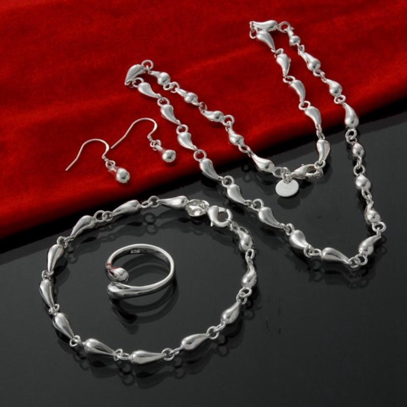 European & American Fashion Silver-Plated Jewelry Set: Exquisite Drop Bracelet, Necklace, Earrings, and Ring