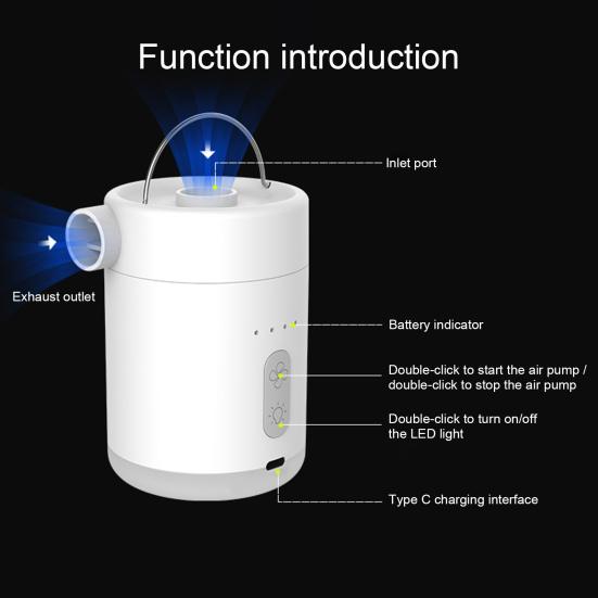 Outdoor Multi-function Air Pump with LED Light Portable USB Rechargeable Inflatables Swimming Ring Pool Float Air Mattress Bed Mini Electric Inflator