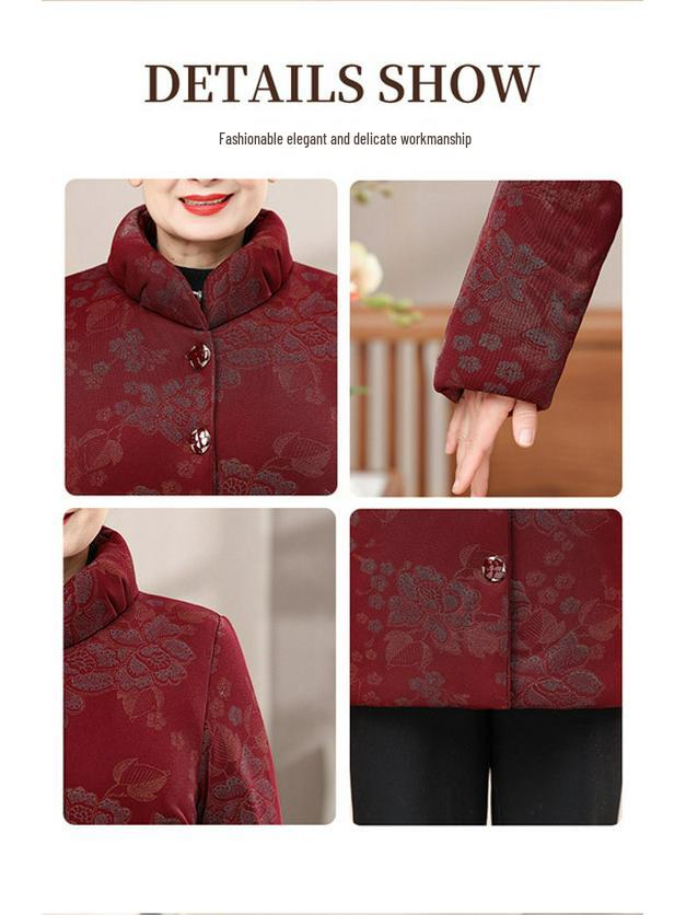 Elderly Women's Winter Fleece-Lined Cotton Jacket for 70-80 Year Olds