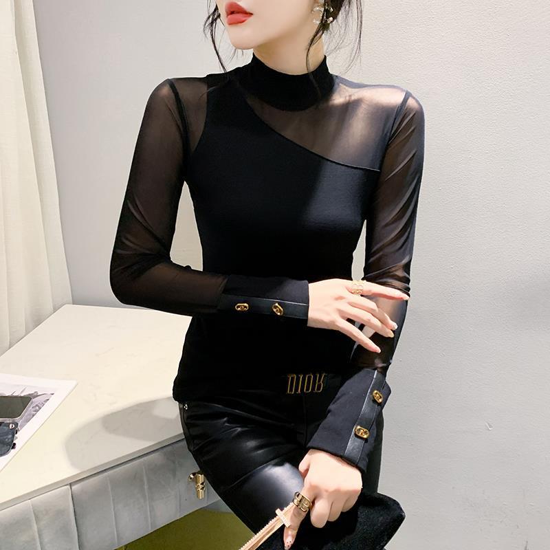 

Европейская осенне-зимняя футболка с длинным рукавом и высоким воротником в сетку с тонкими вставками для женщин 4XL чёрный