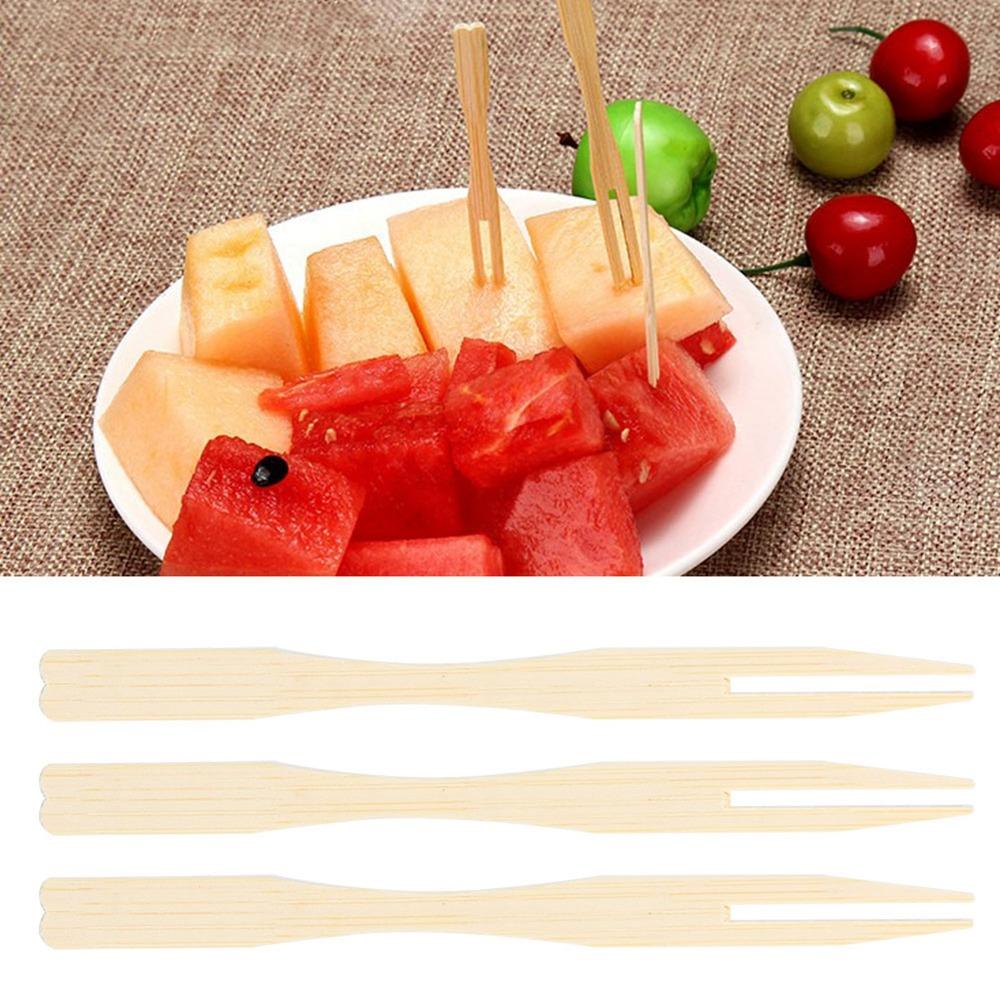 800Pcs Bamboos Raw Dessert Pick Mini Two-prong Fork Snack Fork Fruit Skewer Outdoor Snack Eating