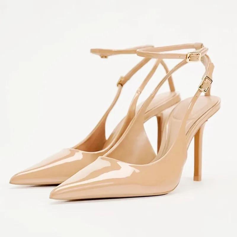 Fashion Nude Patent Leather Ankle Strap Buckle Women Pumps Sexy Pointed Toe Stiletto Heels Summer Stiletto Heels Party Shoes Sandalias