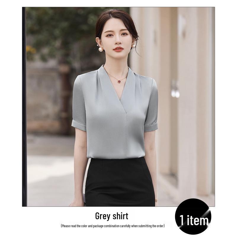 White Women's V-Neck Short Sleeve Shirt - Summer Professional Wear for a Goddess Style