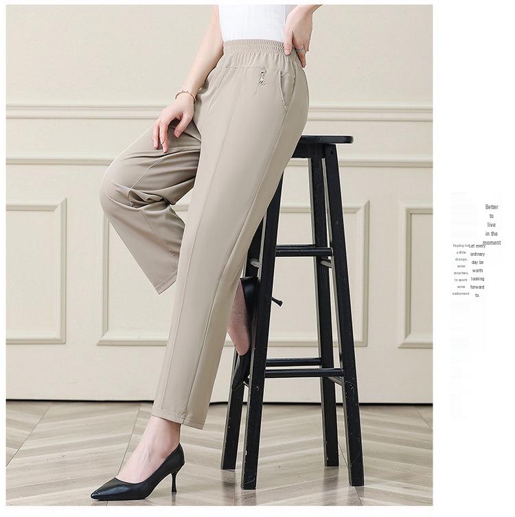 Summer Ice Silk Elastic Waist Pants for Middle-aged Women: Stretchy, Straight-leg Casual Wear for Comfort.