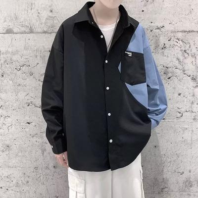 Spring And Autumn Niche Splicing Color Blocking Long Sleeved Shirt, Men'S Fashion Trend Brand, Cool And Stylish Plus Size Shirt Jacket