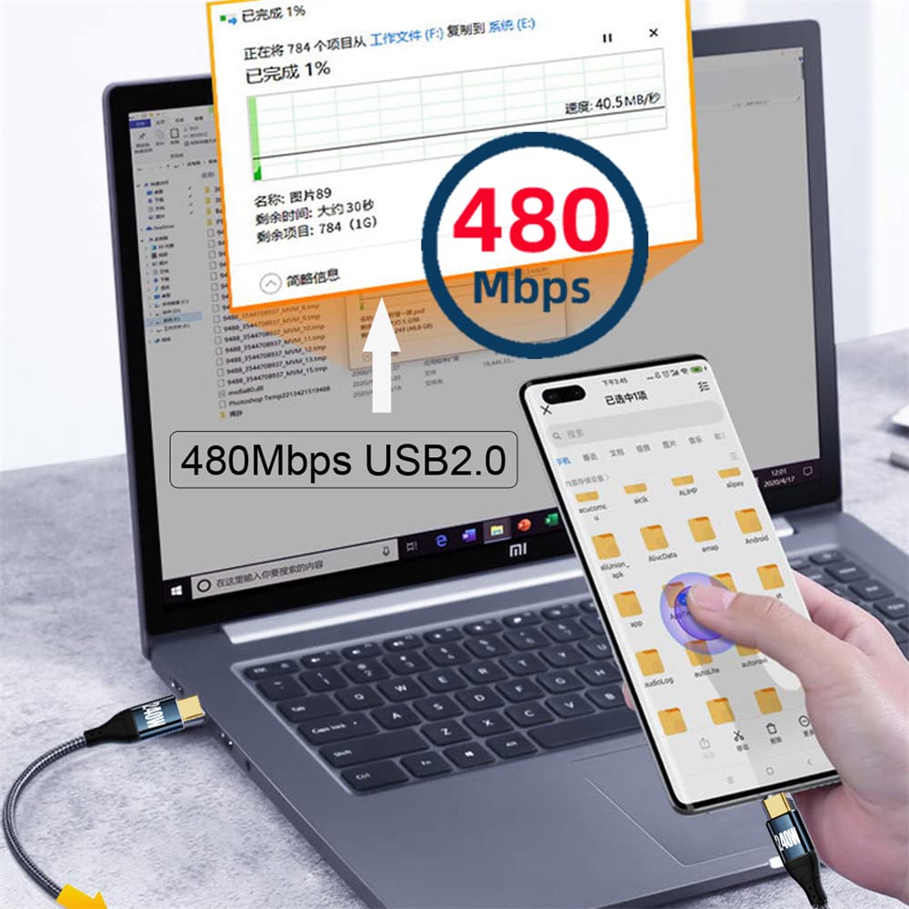 NFHK 240W 90 Degree USB for and Mobile 50cm USB-C Type-C Cable, 480Mbps, 48V, 5A, Upward/Downward Angle, 2.0 Compatible, 100W, Laptops, Tablets,