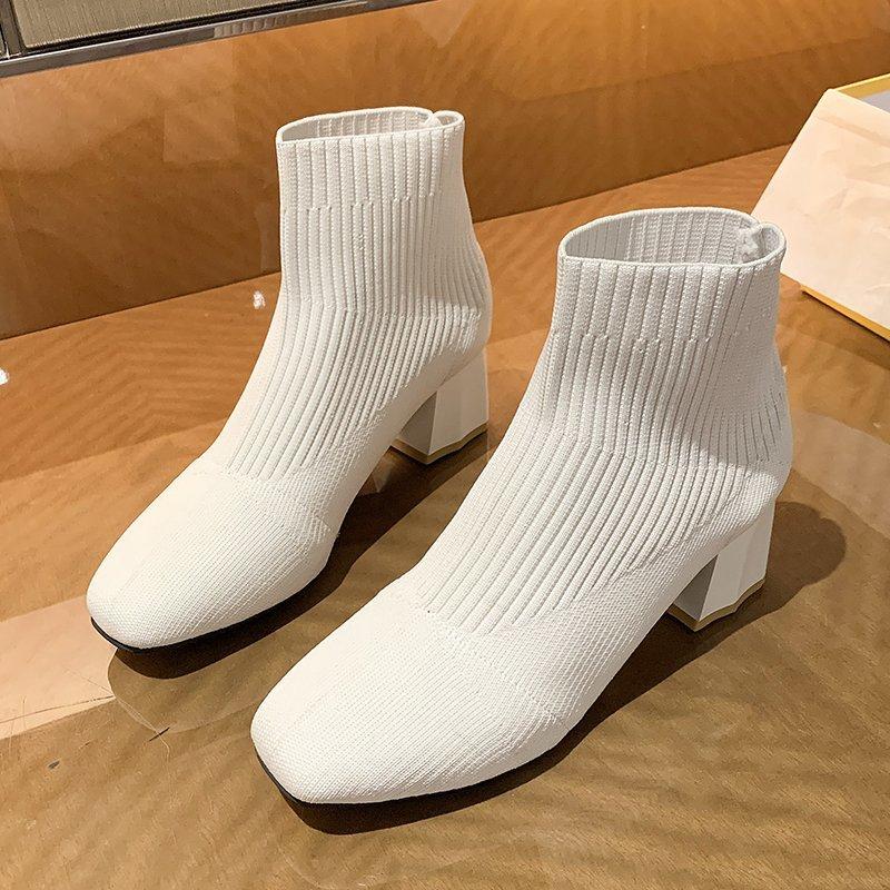 Women's Fall New Block Heel Booties Square Toe Knit Stretch Non-Slip Sock Boots