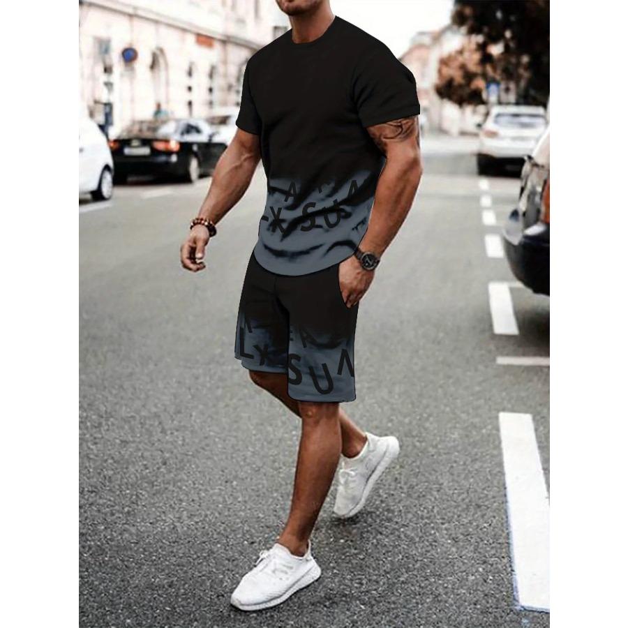 Fashionable new men's summer letter gradient print comfortable breathable round neck T-shirt shorts set outdoor casual clothing