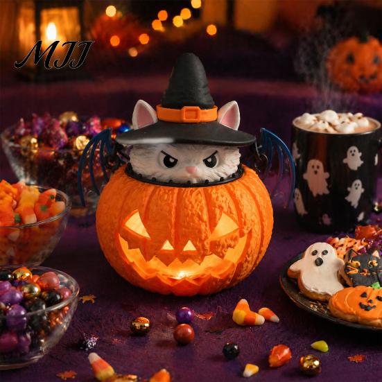 Home Soft Furnishings Halloween Cat Pumpkin Lantern, 3D Printed Glowing Figurine Indoor Outdoor Party Prop with Witch Hat, Spooky Tabletop Ornament,