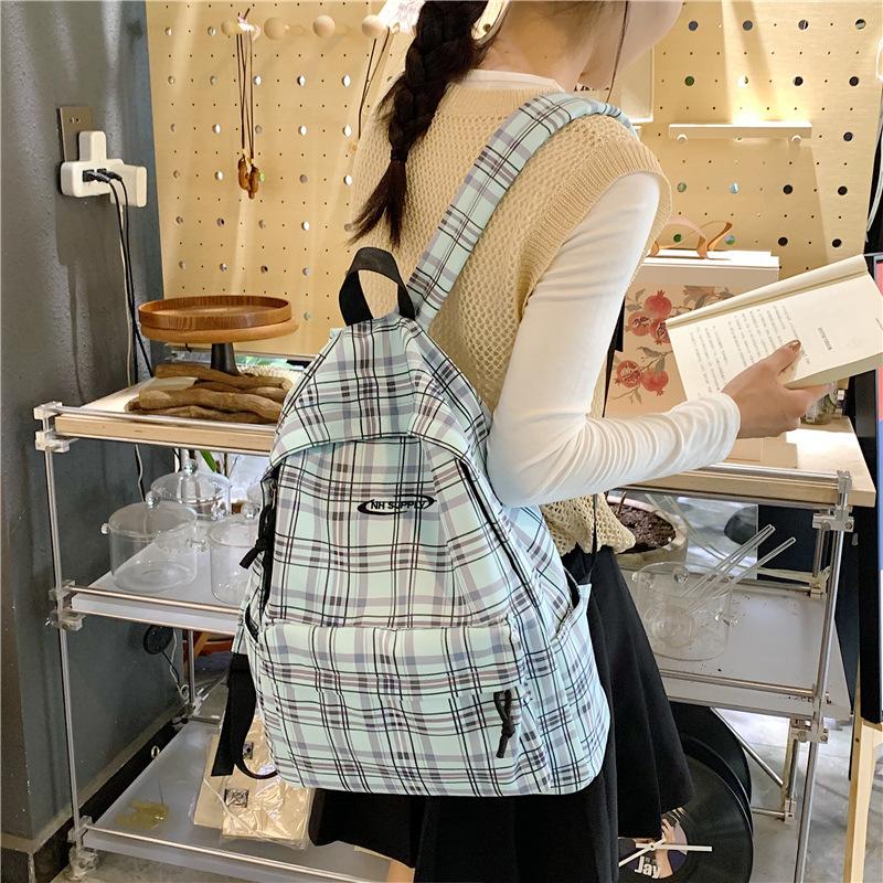 Schoolbag Japanese ins Versatile College Style Plaid Backpack Female, Junior High School High School College Student Class School Bag Travel Backpack