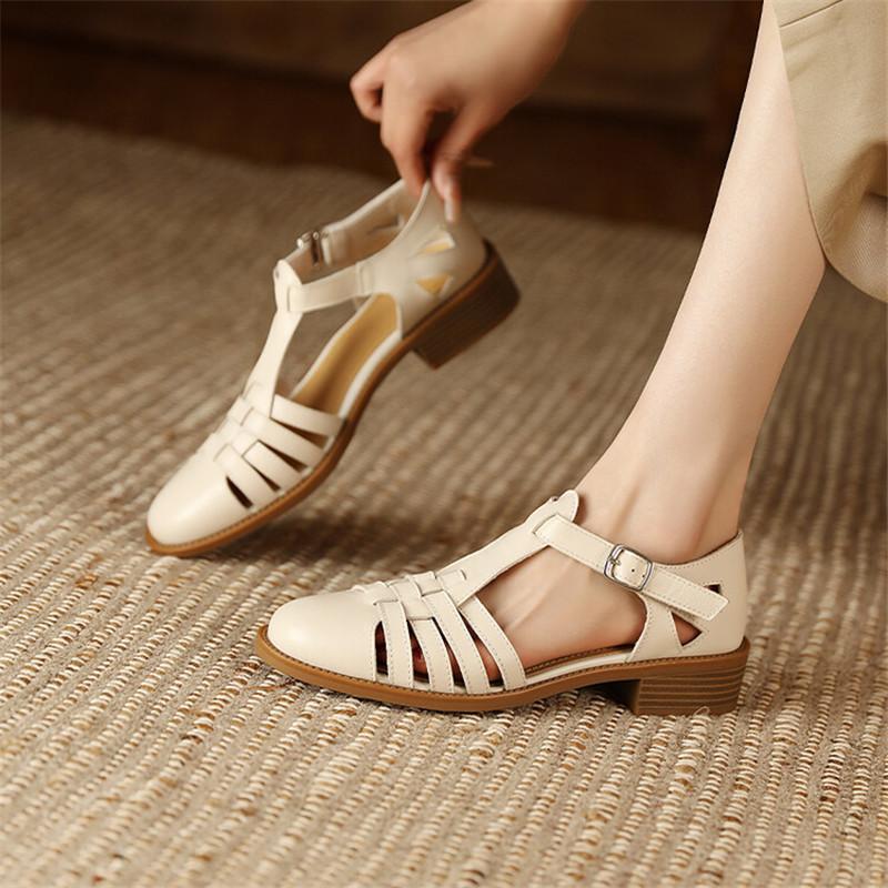 Fashion New Summer Sandals Genuine Leather Sandals Casual French Retro Round Toe Hollow Out GLADIATOR Sheepskin Sandals Thick Heel Shoes